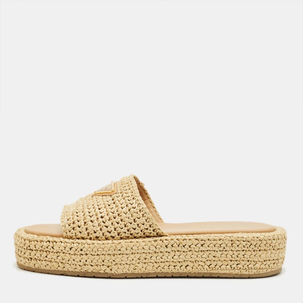 Prada Beige Woven Straw Platform Slide Sandals Size 40