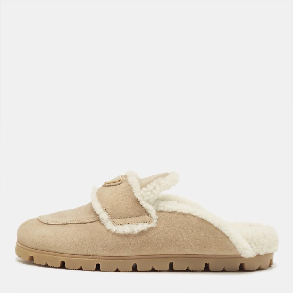 Prada Beige/White Shearling and Suede Mules Size 40