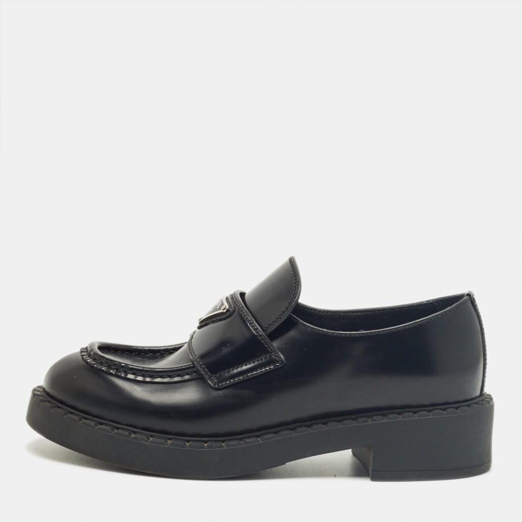 Prada Black Brushed Leather Slip On Loafers Size 35.5