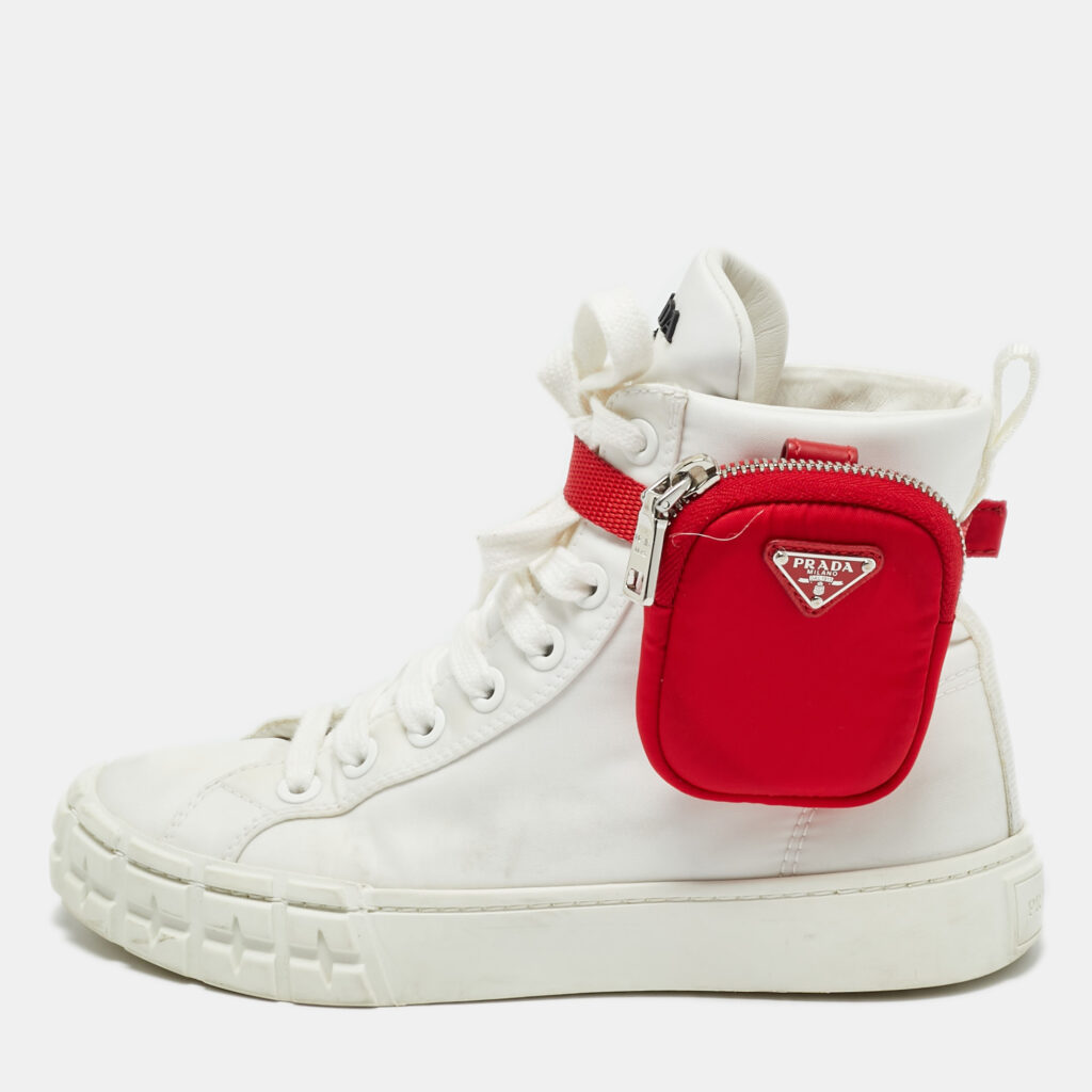Prada White Nylon Triangle Pouch Pocket High Top Sneakers Size 37 Prada White Nylon Triangle Pouch Pocket High Top Sneakers Size 37