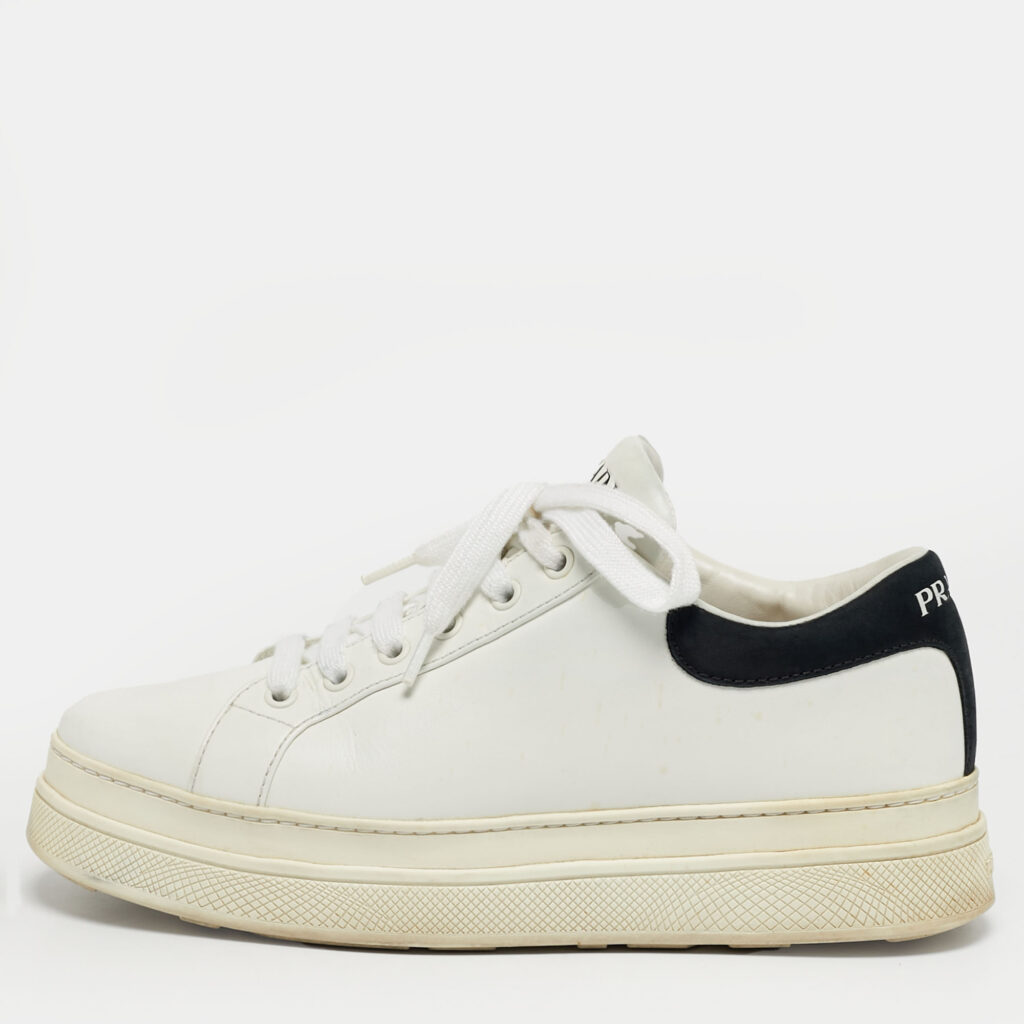 Prada White/Black Leather Lace Up Low Top Sneakers Size 38.5