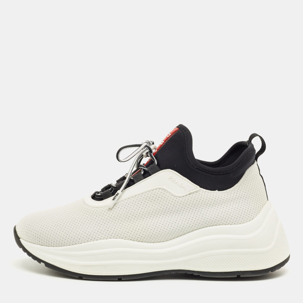 Prada White/Black Knit Fabric and Nylon Low Top Sneakers Size 38 Prada White/Black Knit Fabric and Nylon Low Top Sneakers Size 38