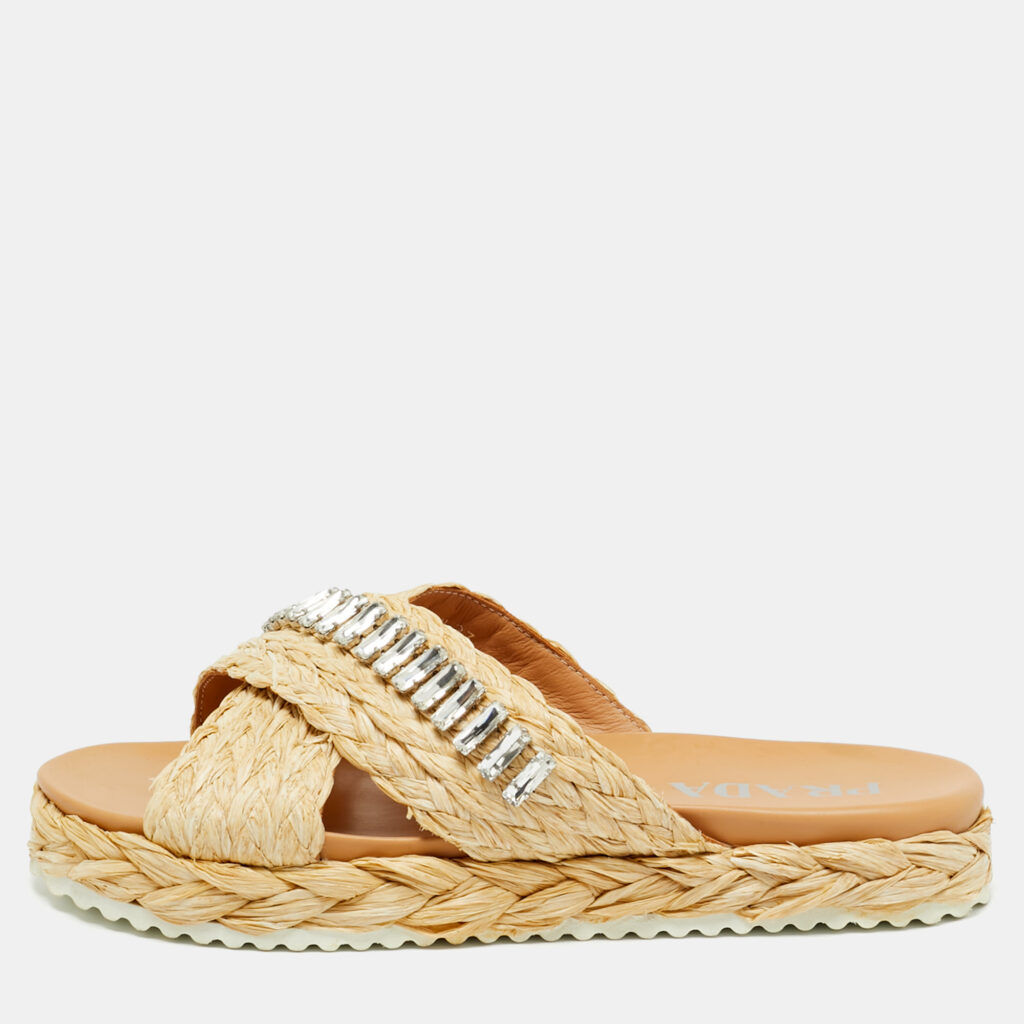 Prada Beige Raffia Crystal Embellished Flat Slides Size 37 Prada Beige Raffia Crystal Embellished Flat Slides Size 37