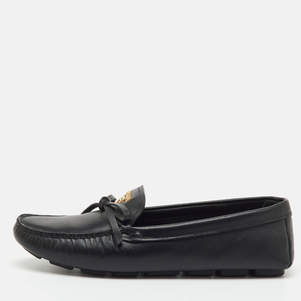 Prada Black Saffiano Leather Logo Bow Slip On Loafers Size 38.5 Prada Black Saffiano Leather Logo Bow Slip On Loafers Size 38.5