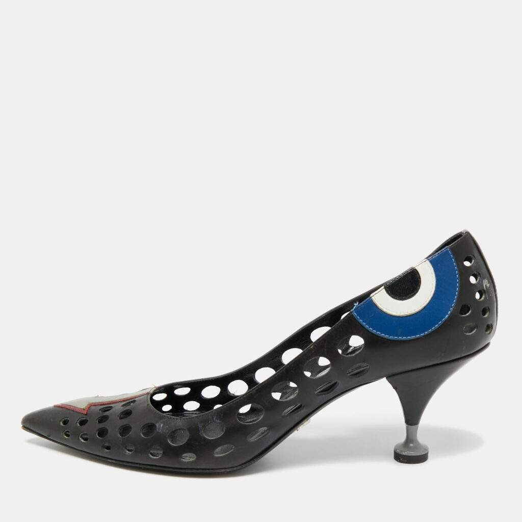 Prada Black Perforated Leather Pointed Toe Pumps Size 40