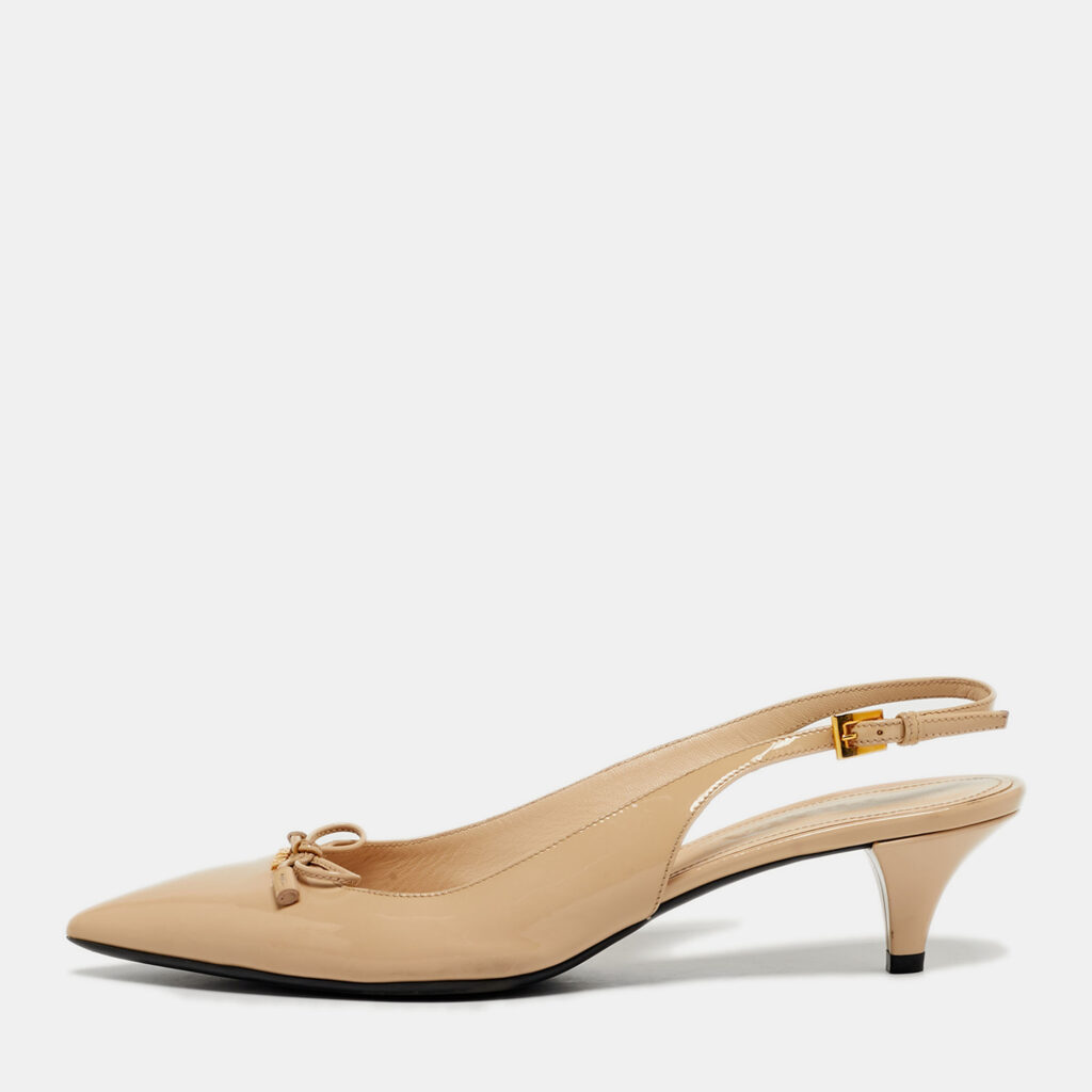 Prada Beige Patent Leather Pointed Toe Slingback Pumps Size 39