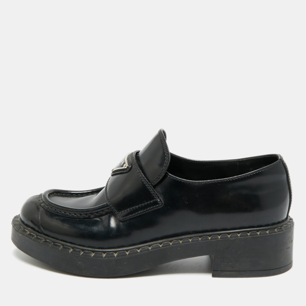 Prada Triangle Logo Size 35.5 Black Leather Slip On Loafers