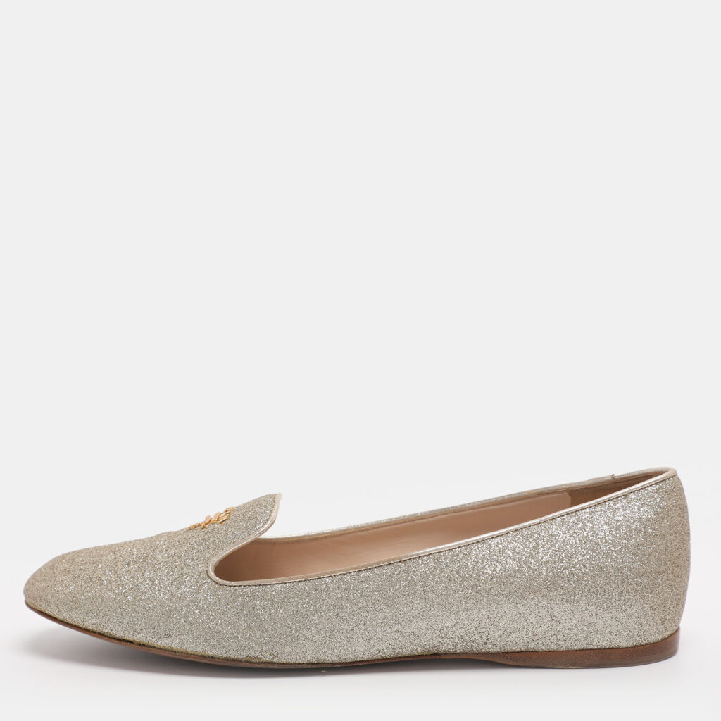 Prada Size 37.5 Gold Glitter Smoking Slippers