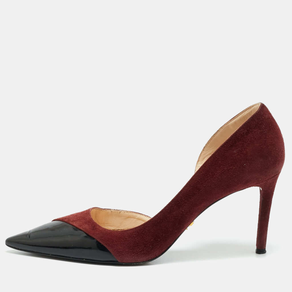 Prada Size 36.5 Burgundy Patent Leather and Suede D'orsay Pumps Prada Size 36.5 Burgundy Patent Leather and Suede D'orsay Pumps