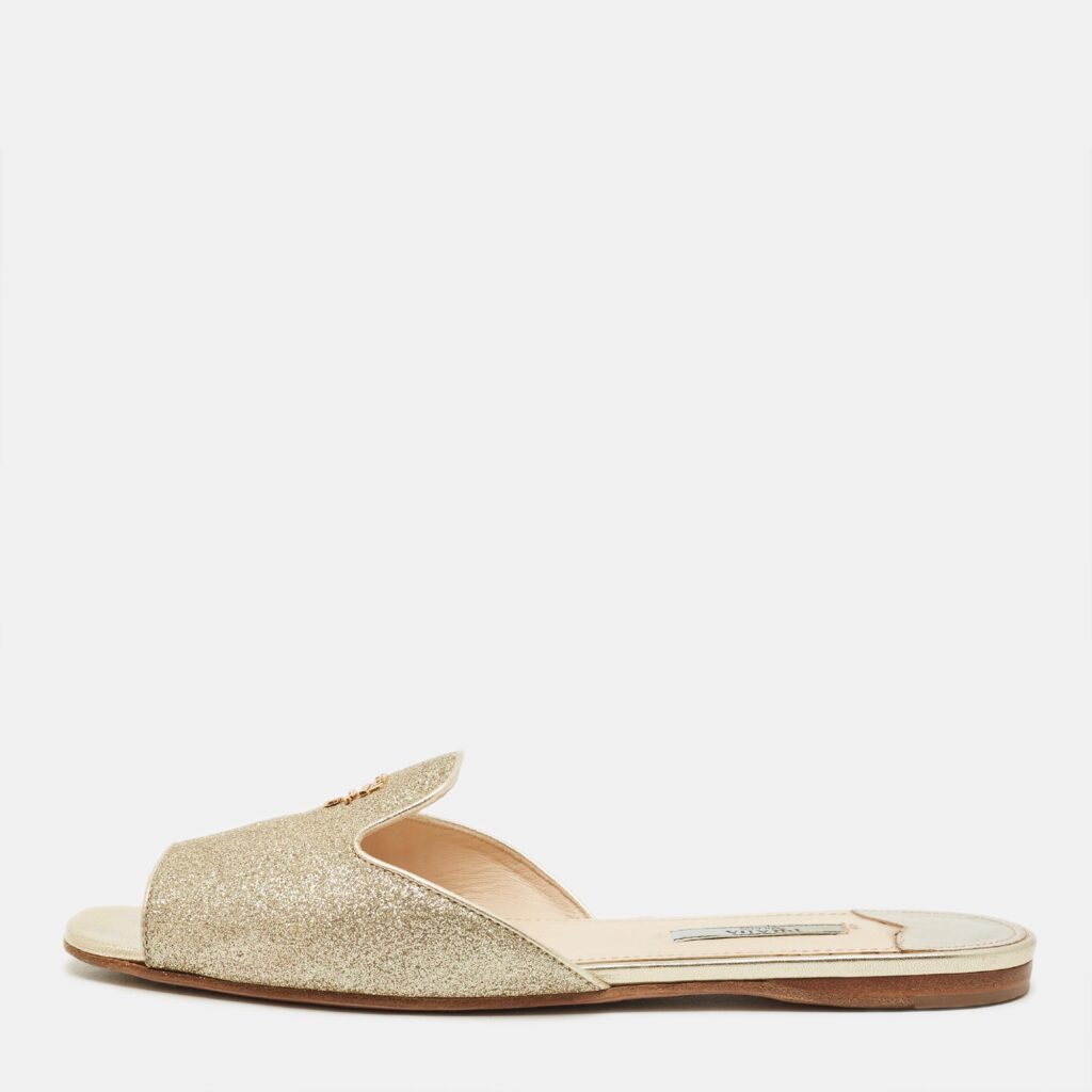 Prada Size 38.5 Metallic Glitter Flat Slides Prada Size 38.5 Metallic Glitter Flat Slides