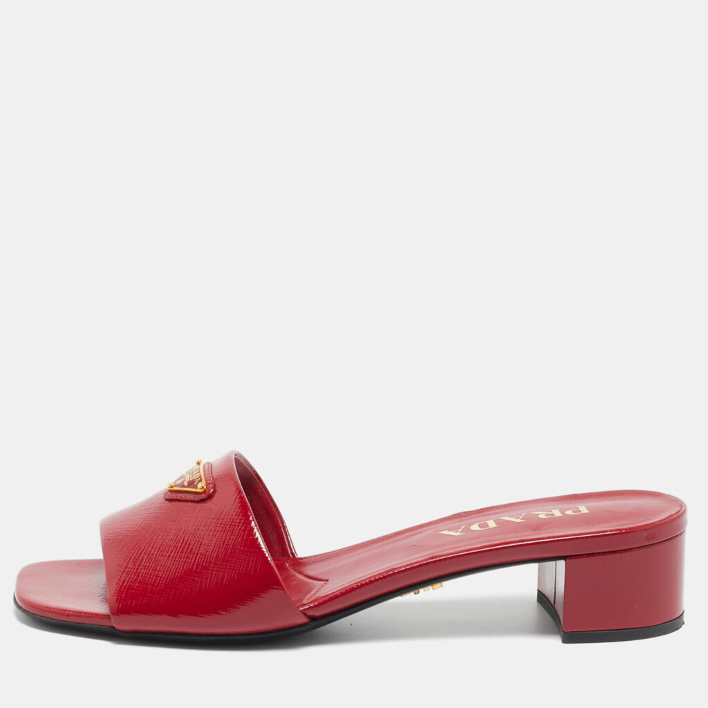 Prada Triangle Logo Size 37 Red Patent Leather Slide Sandals Prada Triangle Logo Size 37 Red Patent Leather Slide Sandals