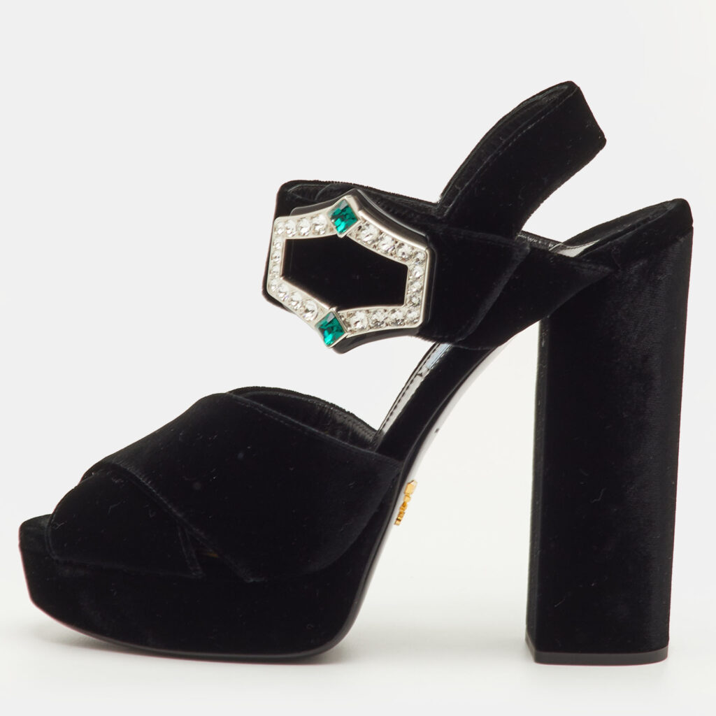 Prada Size 40 Black Velvet Cross Strap Platform Crystal Block Heel Sandals