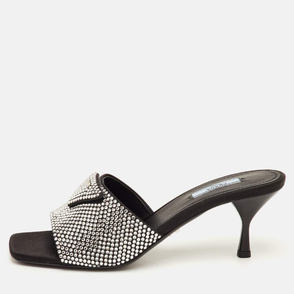 Prada Size 40 Black Satin Crystal Embellished Slide Sandals Prada Size 40 Black Satin Crystal Embellished Slide Sandals