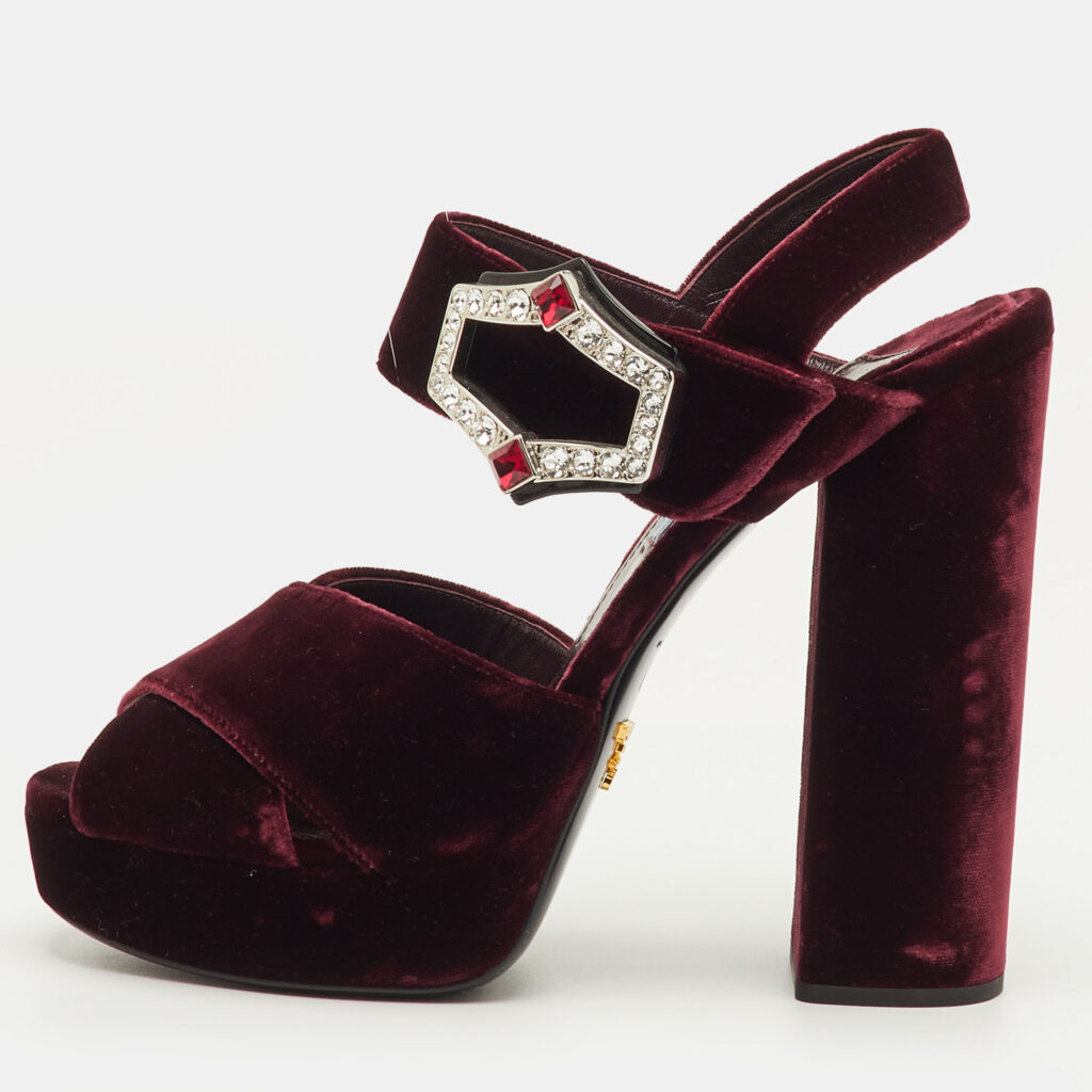 Prada Size 40 Burgundy Velvet Cross Strap Platform Crystal Block Heel Sandals Prada Size 40 Burgundy Velvet Cross Strap Platform Crystal Block Heel Sandals