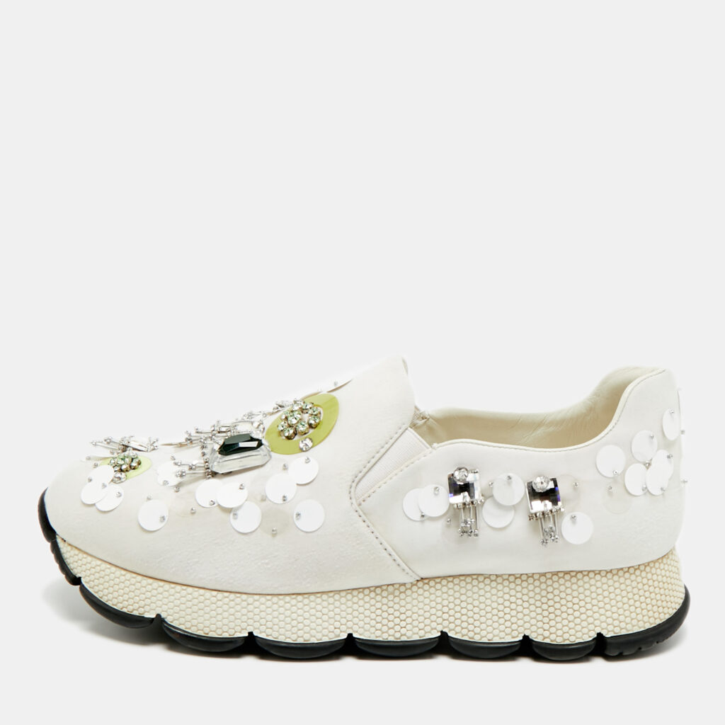 Prada Size 38.5 White Fabric Crystal Embellished Slip On Sneakers Prada Size 38.5 White Fabric Crystal Embellished Slip On Sneakers