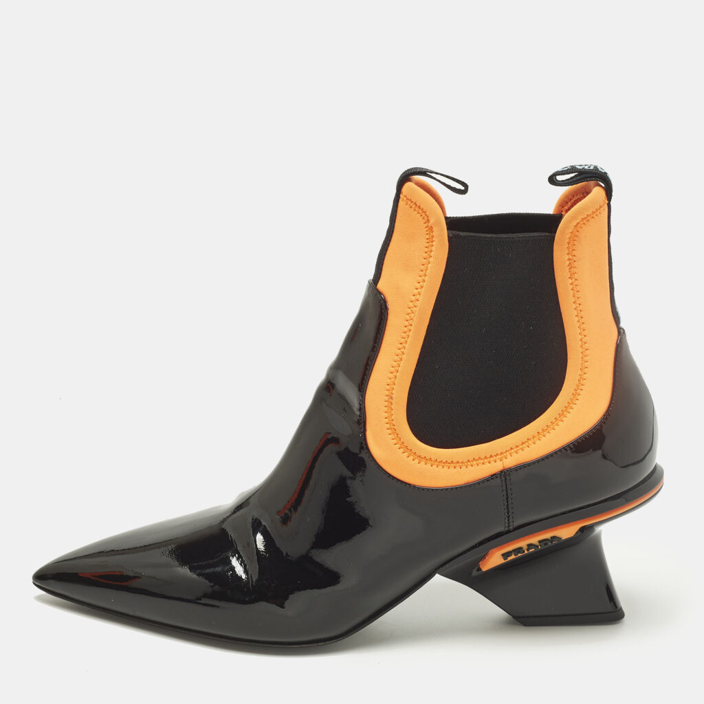 Prada Size 39 Black/Orange Neoprene and Patent Leather Pointed Ankle Length Boots