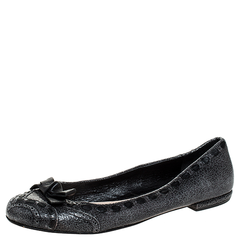 Prada Grey Textured Leather Bow Ballet Flats Size 39.5 Prada Grey Textured Leather Bow Ballet Flats Size 39.5