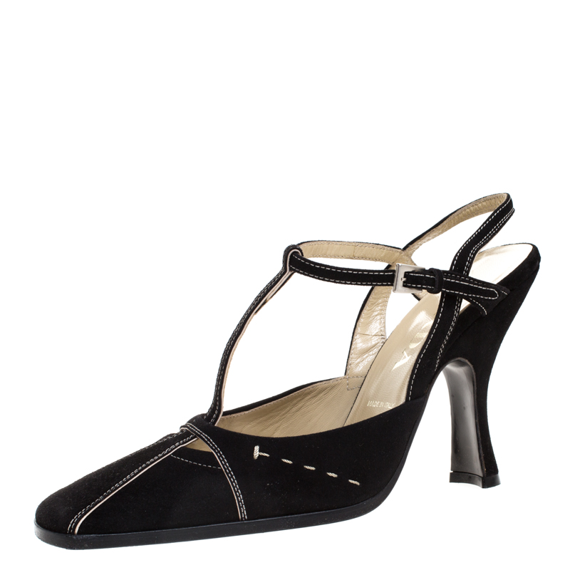 Prada Black Suede T Bar Square Toe Ankle Strap Pumps Size 37.5