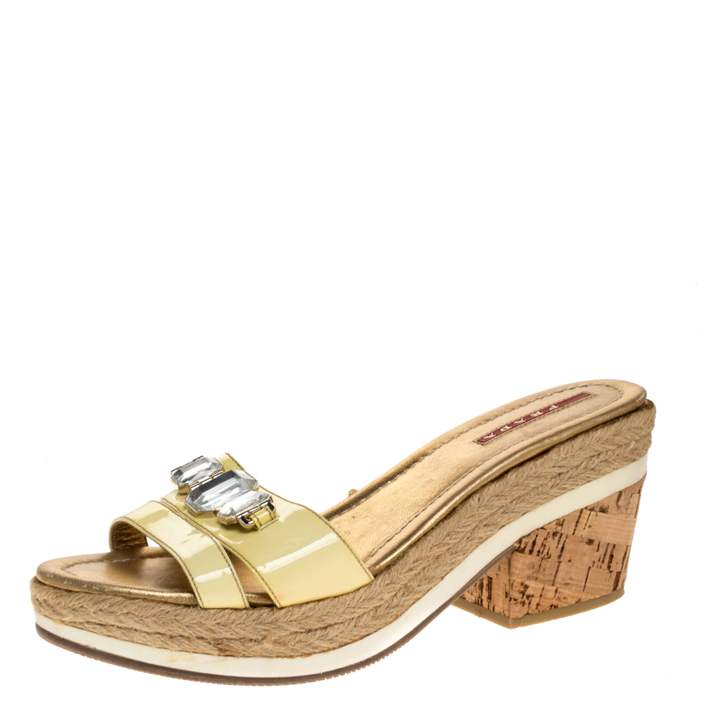 Prada Sport Yellow Patent Leather Cork Wedge Espadrille Slide Sandals Size 38.5 Prada Sport Yellow Patent Leather Cork Wedge Espadrille Slide Sandals Size 38.5