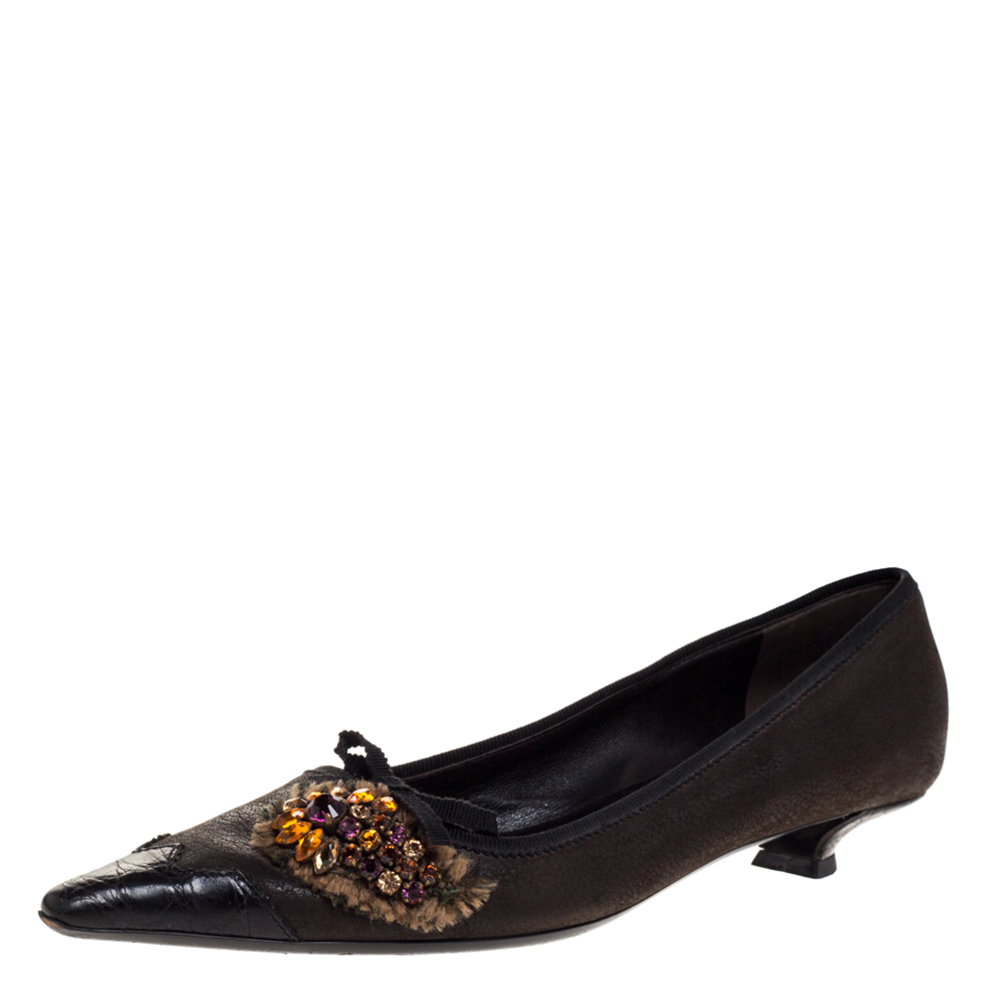 Prada Dark Brown Leather Crystal Embellished Vintage Pointed Pumps Size 36.5