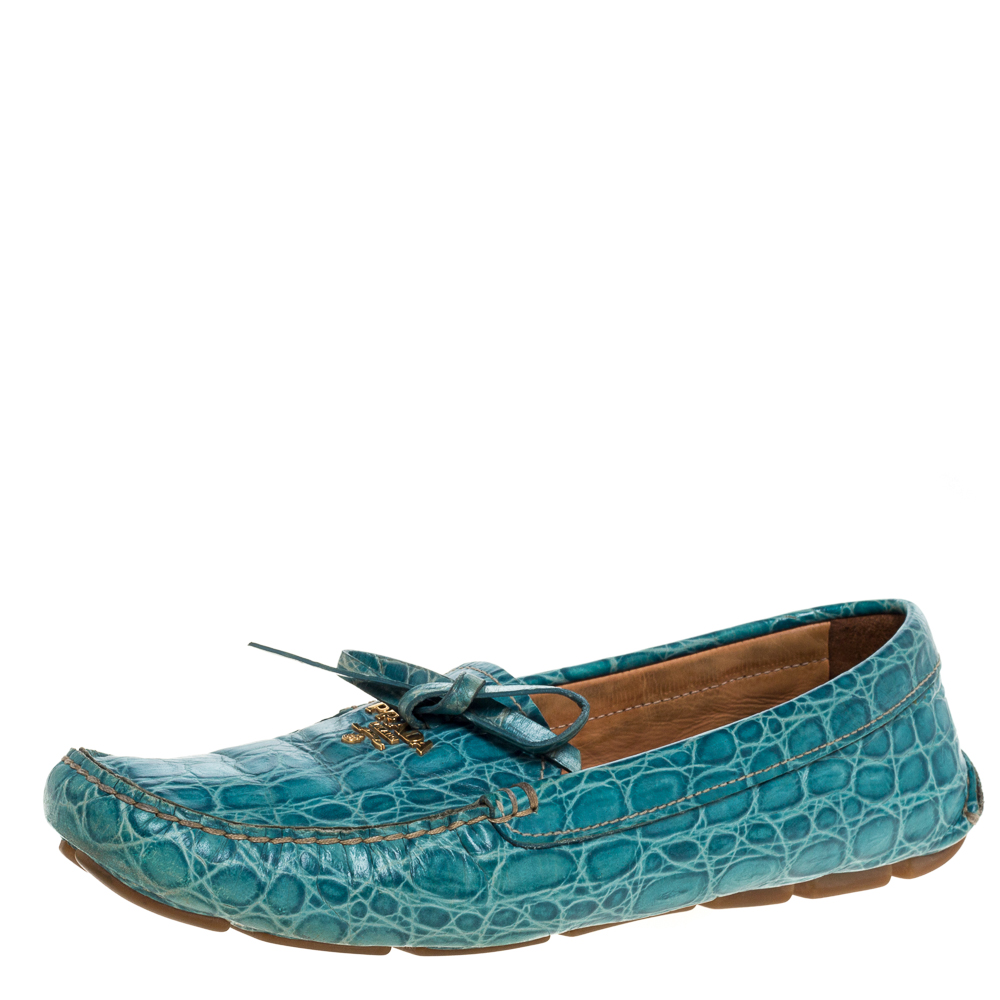 Prada Blue Crocodile Leather Bow Slip On Loafers 39 Prada Blue Crocodile Leather Bow Slip On Loafers 39