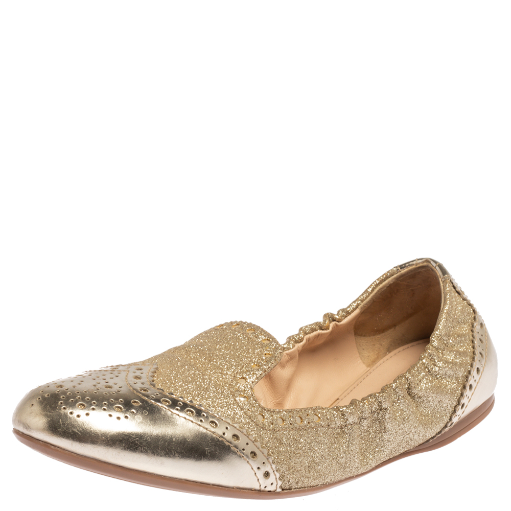 Prada Sport Gold Glitter Fabric And Patent Leather Brogue Scrunch Ballet Flats Size 37.5 Prada Sport Gold Glitter Fabric And Patent Leather Brogue Scrunch Ballet Flats Size 37.5