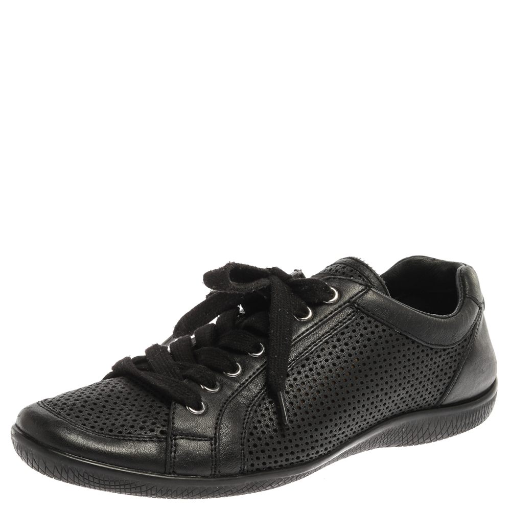Prada Sports Black Perforated Leather Lace Up Low Top Sneakers Size 38