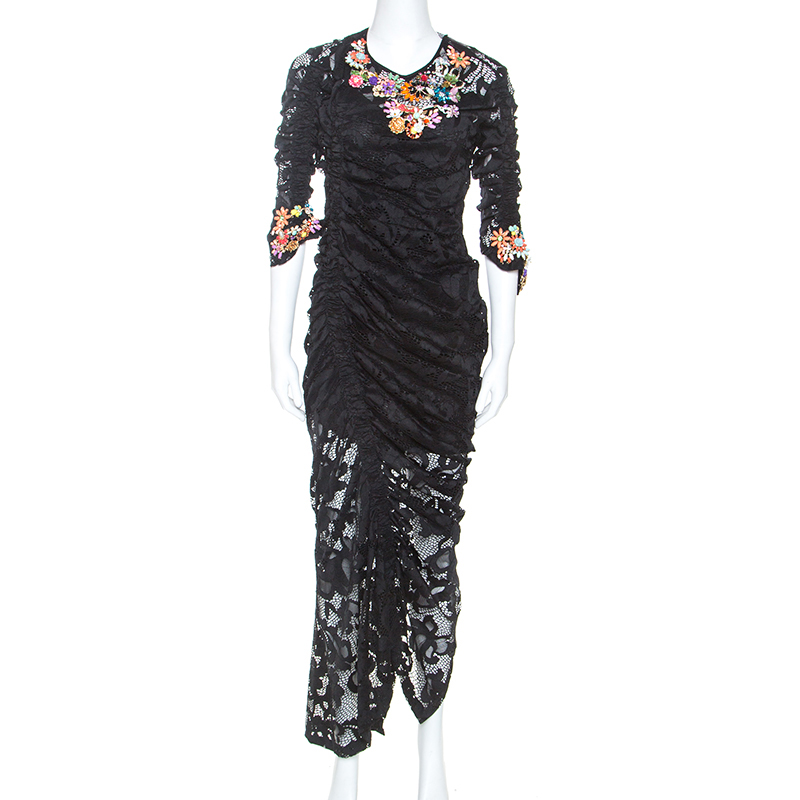 Preen Black Stretch Lace Embellished Detail Ruched Georgia Dress L Preen Black Stretch Lace Embellished Detail Ruched Georgia Dress L