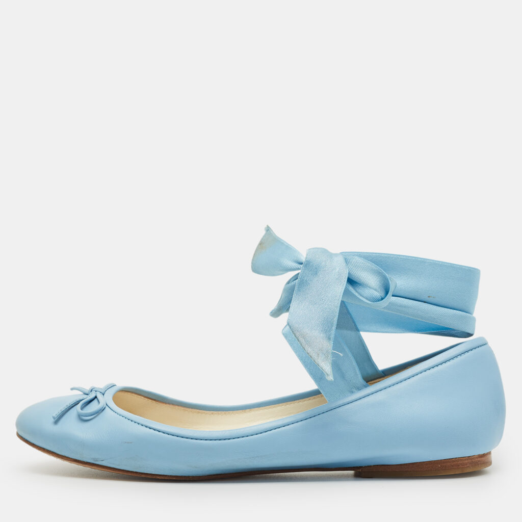 Ralph Lauren Collection Blue Leather Ankle Tie Up Ballet Flats Size 38