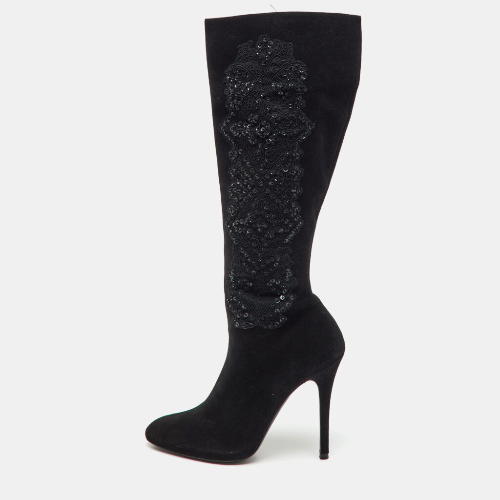 Ralph Lauren Collection Black Suede Embroidered Patchwork Knee Length Boots Size 40 Ralph Lauren Collection Black Suede Embroidered Patchwork Knee Length Boots Size 40