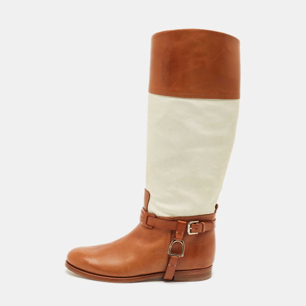 Ralph Lauren Collection Tan/White Canvas and Leather Riding Knee Length Boots Size 38
