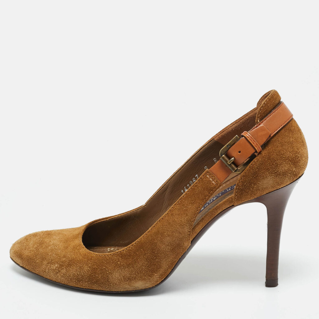 Ralph Lauren Brown Suede SIde Buckle Round Toe Pumps Size 39