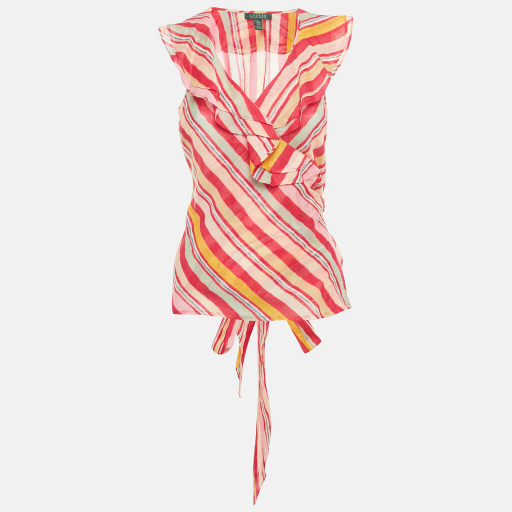 Lauren Ralph Lauren Pink/Multicolor Stripe Print Cotton Wrap Top S Lauren Ralph Lauren Pink/Multicolor Stripe Print Cotton Wrap Top S