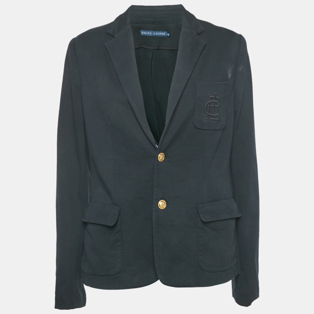 Ralph Lauren Navy Blue Embroidered Cotton Single-Breasted Blazer L