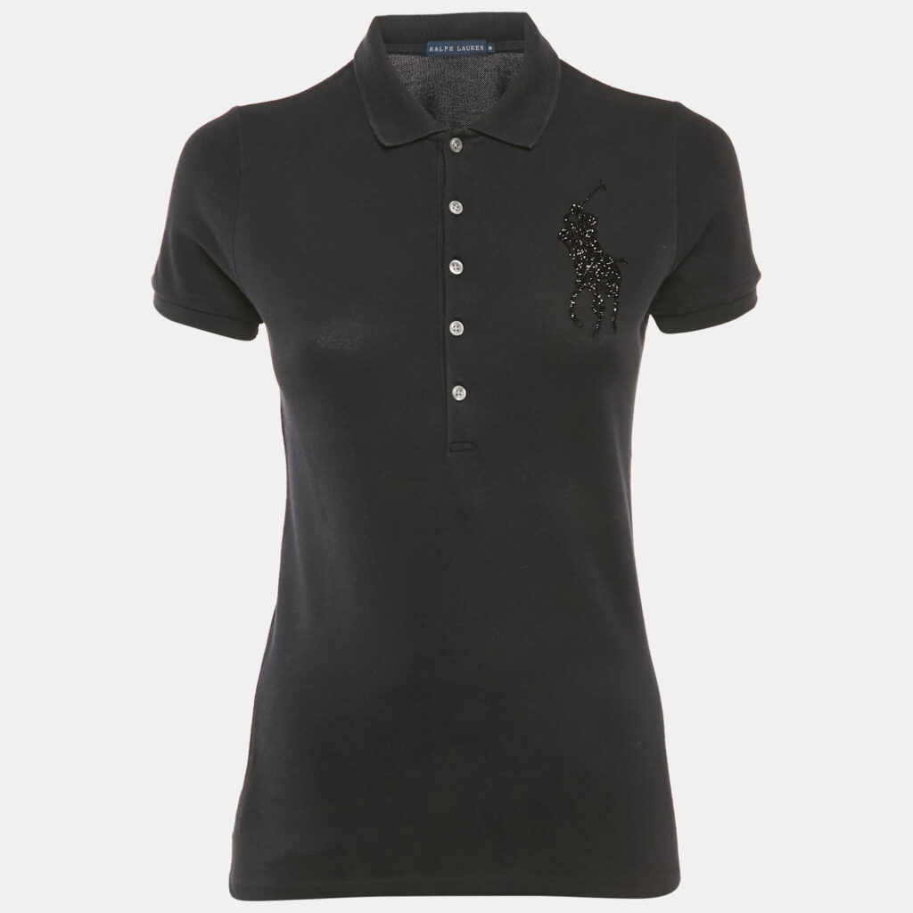 Ralph Lauren Black Beaded Logo Pique Polo T-Shirt M Ralph Lauren Black Beaded Logo Pique Polo T-Shirt M
