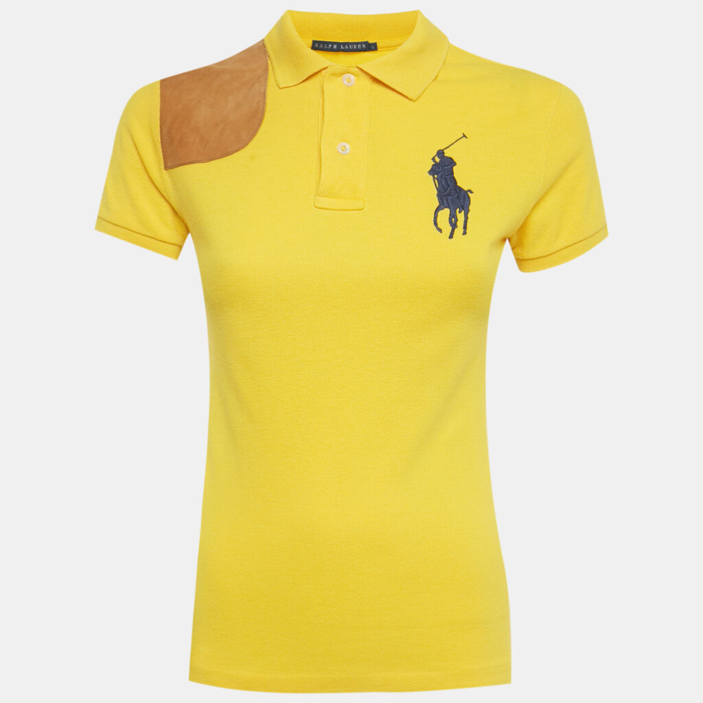 Ralph Lauren White Suede Trim Cotton Pique Polo T-Shirt S