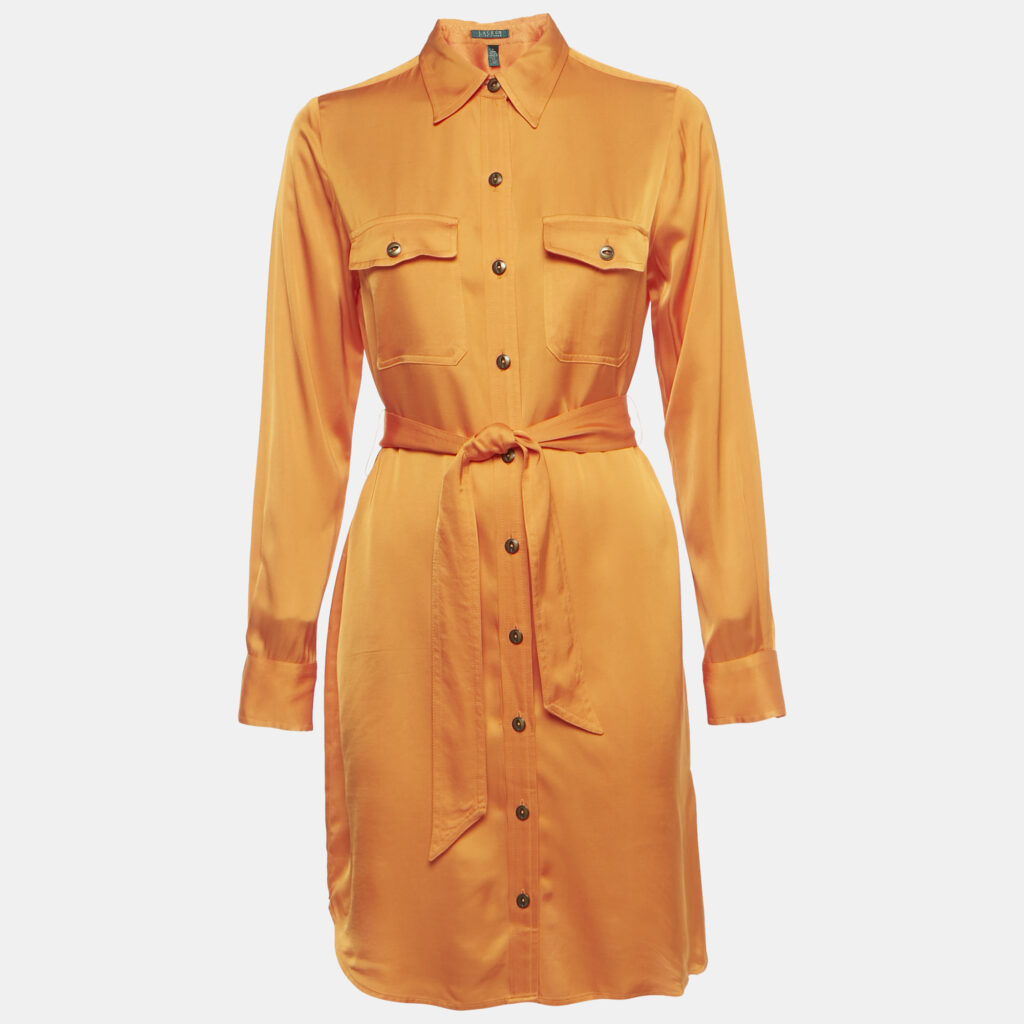 Ralph Lauren Orange Satin Belted Shirt Dress S