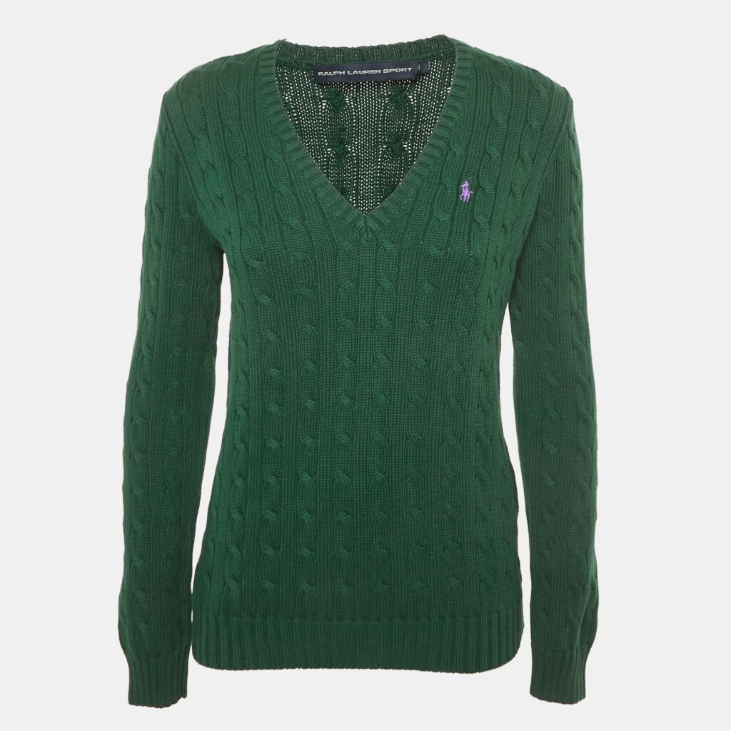 Ralph Lauren Sport Green Logo Embroidered Cable Knit Sweater M Ralph Lauren Sport Green Logo Embroidered Cable Knit Sweater M