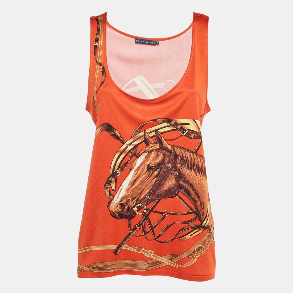 Ralph Lauren Orange Horse and Belt Print Jersey Tank Top S