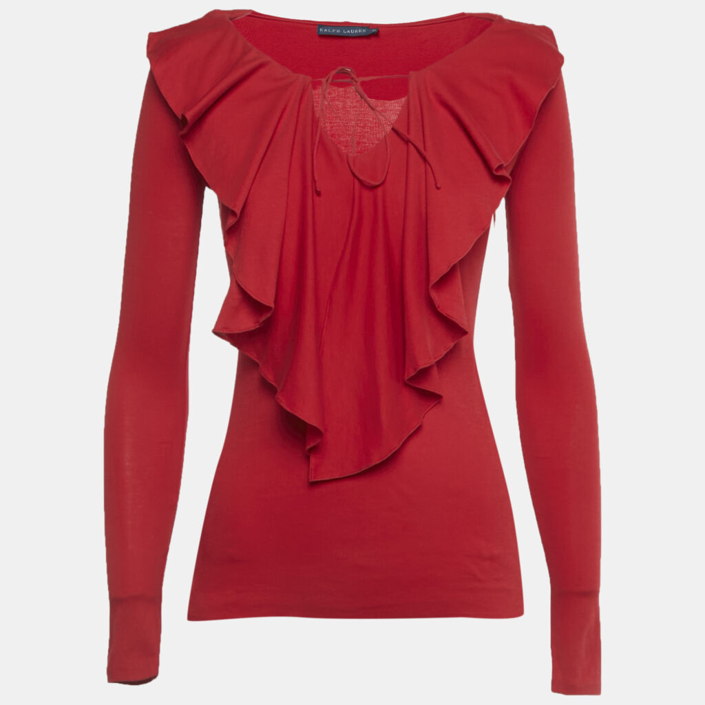 Ralph Lauren Red Jersey Ruffled Long Sleeve Top XS