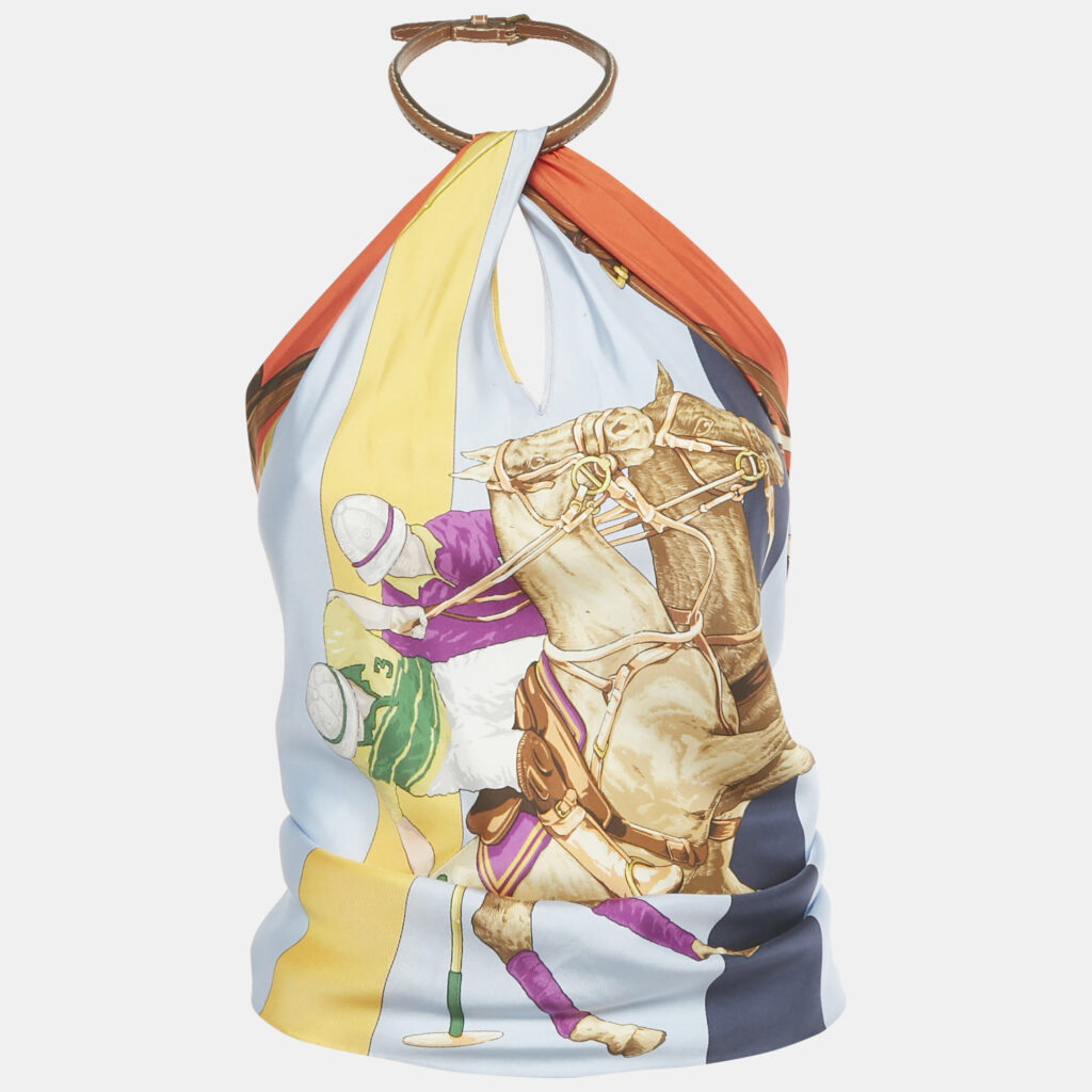 Ralph Lauren Multicolor Printed Silk Leather Trim Halter Neck Top XS Ralph Lauren Multicolor Printed Silk Leather Trim Halter Neck Top XS