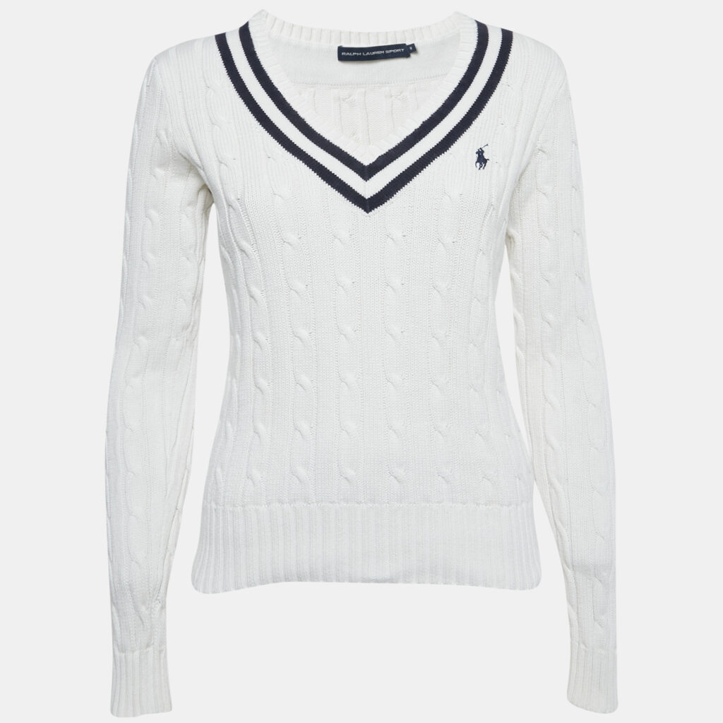 Ralph Lauren Sports White Cable Knit V-Neck Sweater M Ralph Lauren Sports White Cable Knit V-Neck Sweater M