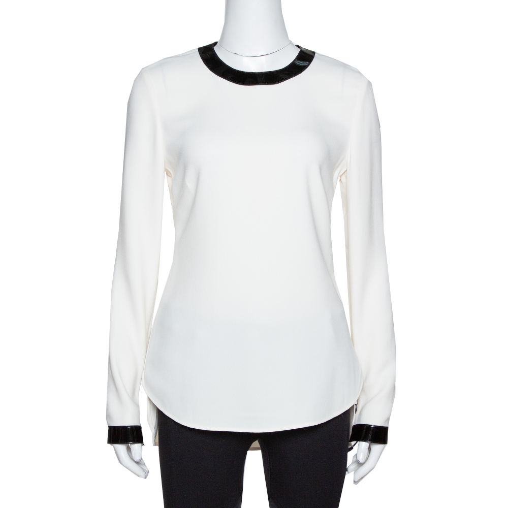 Ralph Lauren Off White Crepe Contrast Leather Trim Blouse S Ralph Lauren Off White Crepe Contrast Leather Trim Blouse S