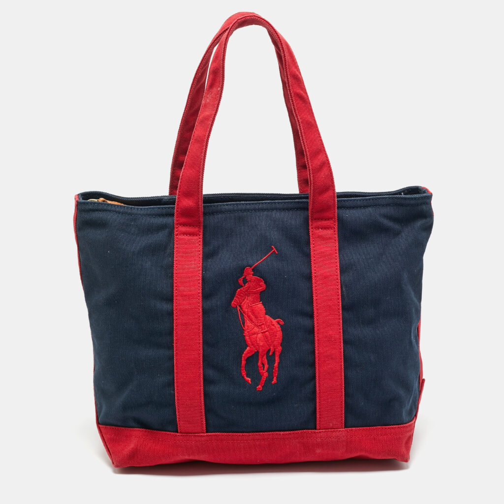 Ralph Lauren Navy Blue/Red Canvas Embroidered Tote Ralph Lauren Navy Blue/Red Canvas Embroidered Tote