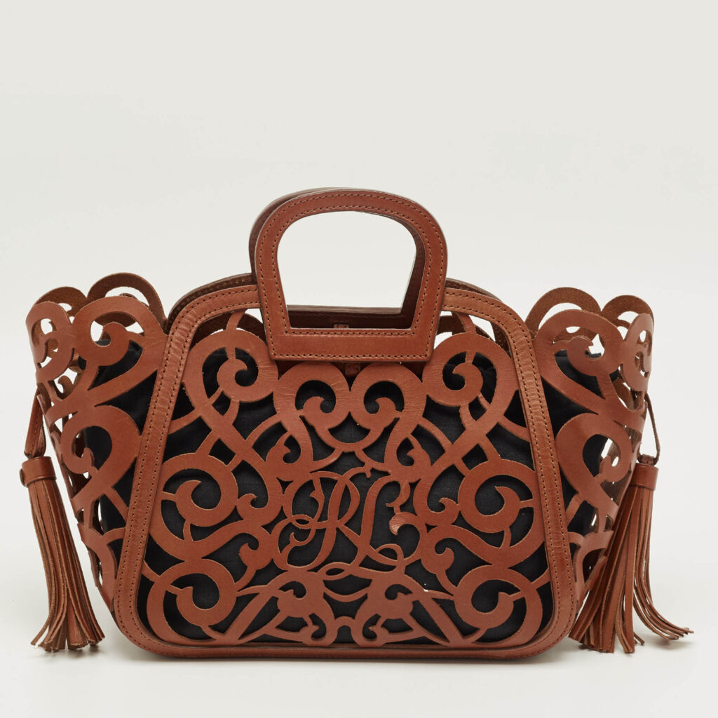 Ralph Lauren Brown Laser Cut Vachetta Leather Small Scroll Tote
