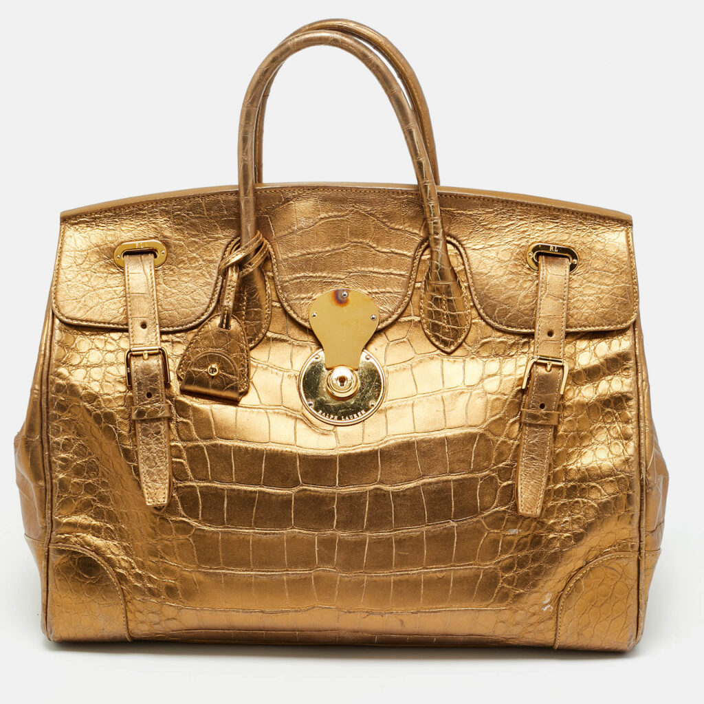 Ralph Lauren Gold Alligator Embossed Leather Ricky 40 Tote Ralph Lauren Gold Alligator Embossed Leather Ricky 40 Tote