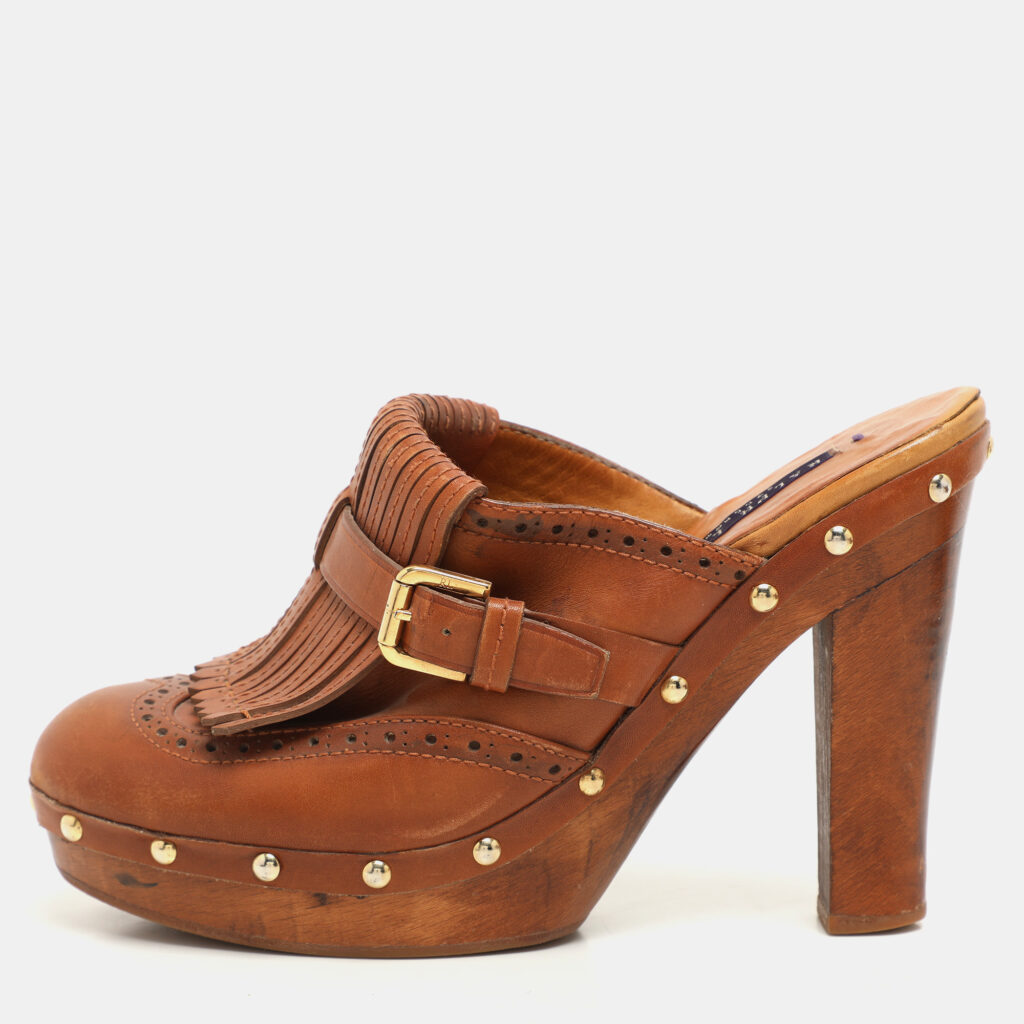 Ralph Lauren Brown Leather Fringe Detail Platform Clogs Size 37