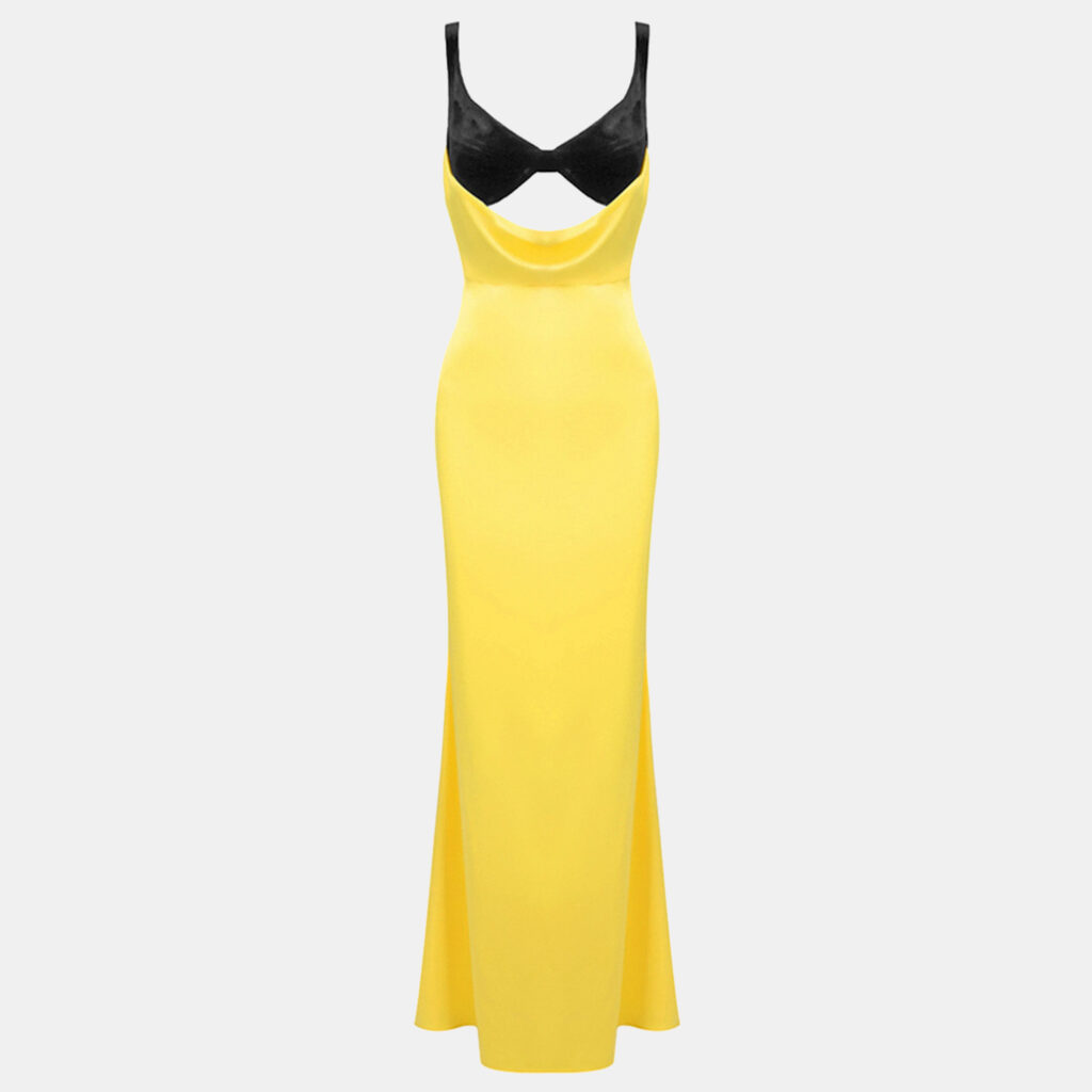 Rasario Yellow Velvet and Satin Cut-Out Maxi Dress XS