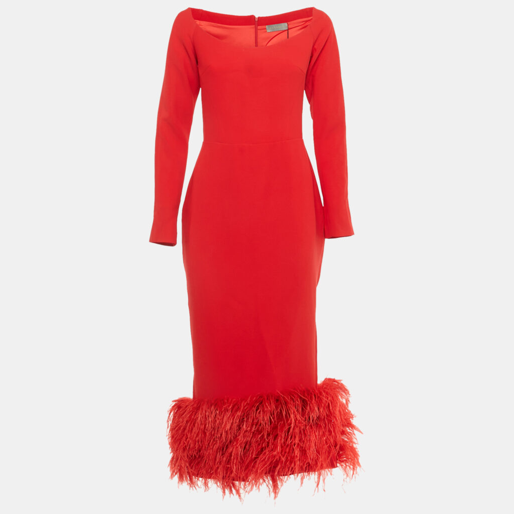Rasario Red Crepe Fringed Midi Dress M Rasario Red Crepe Fringed Midi Dress M