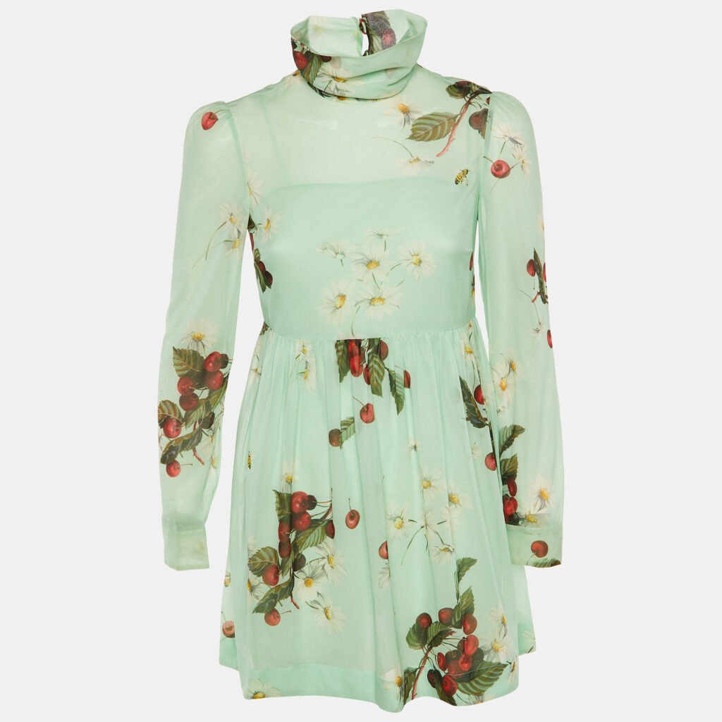 RED Valentino Green Floral Cherry Print Silk Mini Dress S